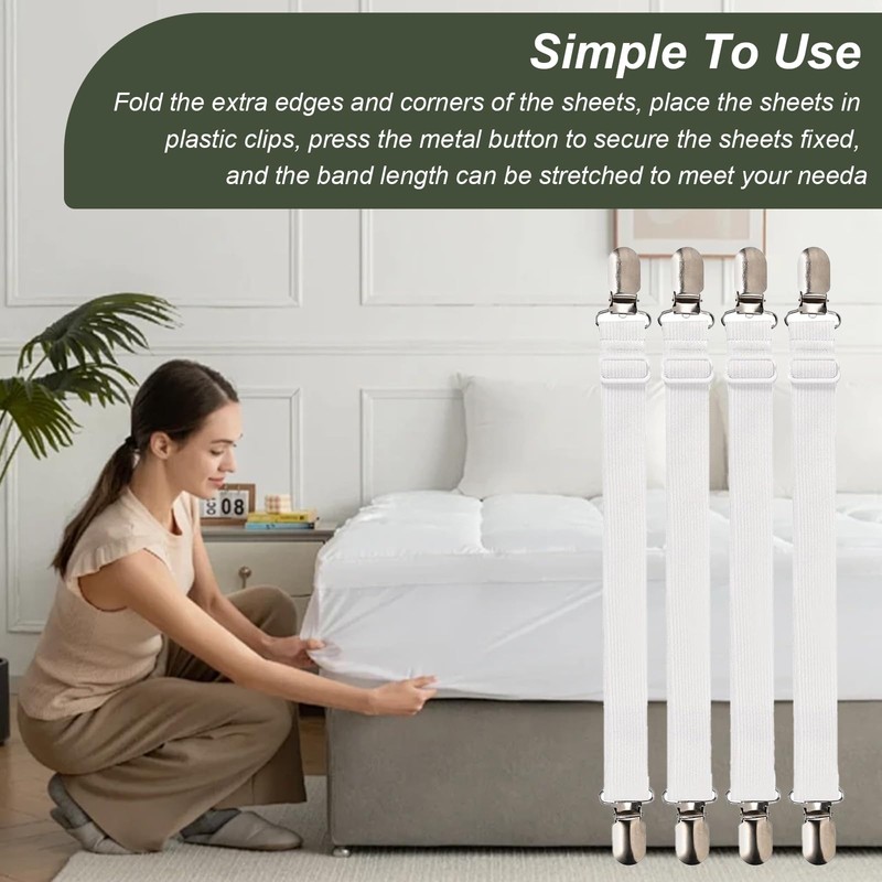 HDXH 4 PCS Bed Sheet Clips,Adjustable Bed Sheet Straps,Adjustable Bed