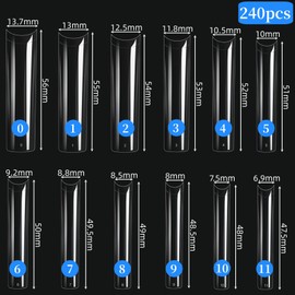 Yiqicomle 240Pcs Clear Extra Long Nail Tips, 3XL Straight Square Nail Tips No C Curve Acrylic False Nail Tips Artificial False Nail Tips for Nail Extension Salons Nail Art DIY
