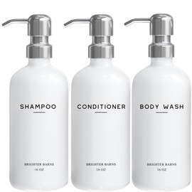 White Shampoo and Conditioner Dispenser Set by Brighter Barns - Shower Dispenser for Bathroom - Refillable Plastic Shampoo Bottle & Stainless Steel Pump - Shampoo Dispenser for Vacation Rental (White)