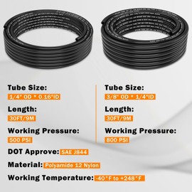 CheeMuii 2 Roll Pneumatic Tubing Kit 30 FT 1/4" DOT Air Line and 30 FT 3/8" DOT Air Hose Kit 2 Rolls 1/4 and 3/8 Inch PA12 Nylon Pneumatic Air Tubing Pipe Hose Line