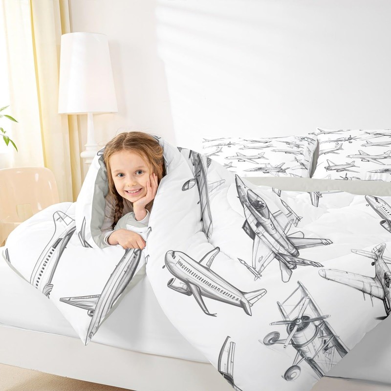 Homewish Airplane Comforter Set Queen Size Aircraft Bedding Set 3Pcs