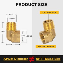 KAINGA 90 Degree Elbow, 3/4" NPT Male × 3/4" NPT Female Brass Pipe Fitting, Street Elbow Adapter for Propane, Oil, Gas, Air Flow Systems, Corrosion Resistant, 1200 PSI Rated, 1 Pack