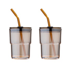 BLUEPOLAR 13 oz Tumbler Water Glass, Water Bottle with Straw and Dustproof Lid, Coffee Ice Cup Double Wall Insulated Glass Cup (Amber-2Pack)