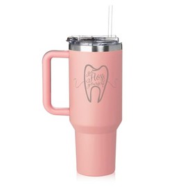 40 oz Tumbler with Handle and Straw Lid Stainless Steel Insulated Travel Mug Cup Go Floss Yourself Dentist Dental Hygienist (Pink)