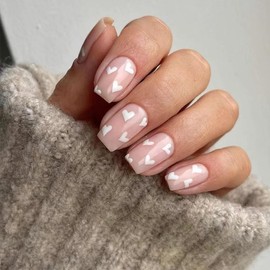 Valentine's Day Press on Nails Short Square, 24PCS Valentines Fake Nails with White Heart Designs Full Cover Stick on Nails Acrylic False Nails Cute Valentines Nails Glue on Nails for Women