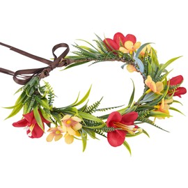 KorViSHOW Hawaiian Orchid Flower Crown - Artificial Tropical Flower Headpiece Hawaii Floral Headband with Ribbon Hula Dress Up Hair Accessories for Hawaii Costume Beach Vacation Decorations