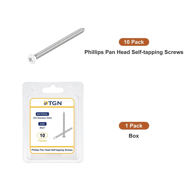 DTGN #8x3" White Screws 10Pack - 304 Stainless Steel Pan