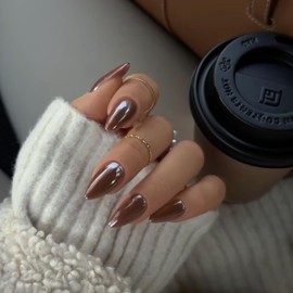 Chrome Brown False Nails Almond, SXVME Glazed Chrome Press On Nails Medium, Glitter Shine Fake Nails Medium Cute, Acrylic Stick on Nails for Women Daily & Party Wear 24 Pcs