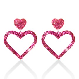 Sparkling Acrylic Pink Heart Dangle Earrings for Women & Girls | Charming Fashion Cute Love Hot Pink Earrings, Birthday Valentines Days Gifts for Her & Mothers Day Jewelry Gifts