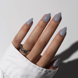 KQueenest Gray Press On Nails Short - Acrylic Press On Nails Almond, Sheer Stone Grey Fake Nails with Glue, Glossy Opaque, Stiletto Reusable Soft Gel Glue on Nails for Women, 30 Pcs