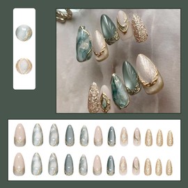 Cat's Eye Press on Nails Short Almond Fake Nails Press ons Acrylic Nail Kit with 3D Gilded Marble Texture Designs Glue on Nails Full Cover Gold Glitter Stick on Nails for Women 24Pcs