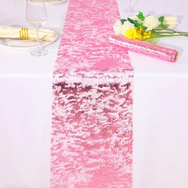 Snowkingdom 2 Pieces Pink Table Runner, 11 x 108 Inch Sequin Glitter Sparkle Foil Metallic Pink Thin Mesh Table Runner Roll Birthday Party Pink Decorations for Valentine's Day Wedding