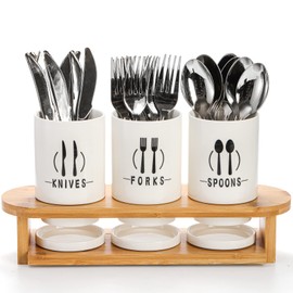Fasmov Flatware Holder, 3 Pack Silverware Caddy with Bamboo Rack, Utensil Holder Ceramic Flatware Caddy White Ceramic Cutlery Organizer for Forks, Spoons, Knives