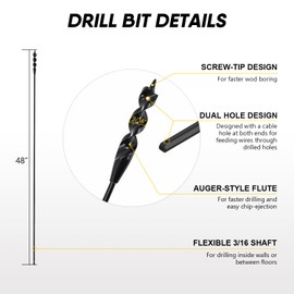 HUAALIUCHE 54"×9/16"×3/16" Flexible Installer Drill Bit - Long Auger Bit for Electrical Wiring, Pulling Wires Through Walls & Conduits （Includes 1PC Plastic Tube Packaging