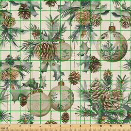 Ambesonne Christmas Fabric by The Yard, Vintage Merry Xmas with Pine Cones Globes and Pine Leaves Illustration, Decorative Fabric for Upholstery and Home Accents, 1 Yard, Brown Green and Blue