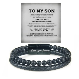 Son's Tiger Eye Protection Bracelet From Mom, The Guardians To My Son Leather Volcanic Rock Black Beaded Cuff Bangle Engarved With Love You Forever Jewelry Gift For Men (Style C)