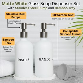 RM Home White Glass Hand and Dish Soap Dispenser Set - Modern Farmhouse Sink Accessories - 16 oz Kitchen Sink Set With Tray, Stainless Pumps & Funnel