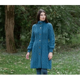 SAOL Irish Cardigan Made of 100% Merino Wool for Women with Celtic Knot Buttons Aran Long Outdoor Cable Knit Coatigan, blue-green
