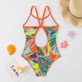 HPSOM Girls One Piece Swimsuit Kids Girl Halter Quick Dry Swimwear Beach Summer Floral Bathing Suit 4-12 Years Orange
