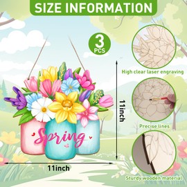 Paintable Spring Ornaments 3 Sets, Wooden Spring Ornaments to Paint, Unfinished Spring Flowers Wreaths Wood Crafts for Painting, Wood Cutouts DIY Ornaments for Kids Adults Door Decor (Spring