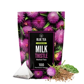 BLUE TEA - Milk Thistle Tea - 100 Count - Pyramid Plant Based Tea Bag | Liver Cleaning and Immune Support | Flower Based - Caffeine Free - Herbal Tea | Vegan - Gluten Free | Zipper Pack