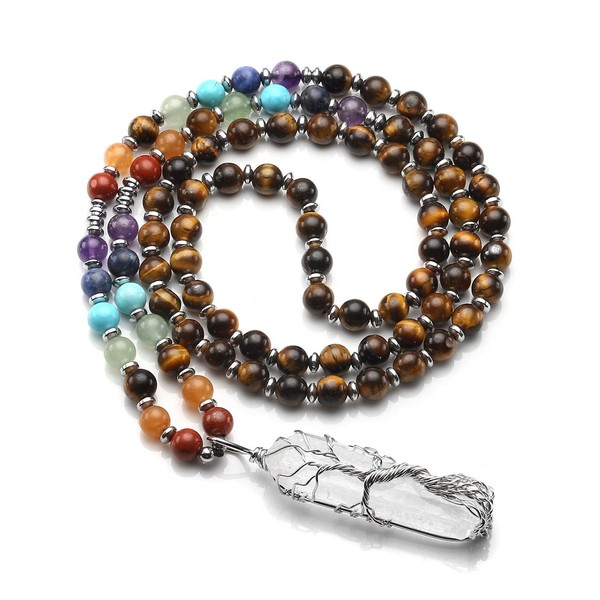 Jovivi - Collar con cristales curativos de 7 chakras, con alambre envuelto en cuarzo transparente, colgante de árbol de la vida, curativo en punta, reiki equilibrio energético