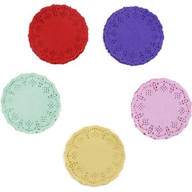 KIMOBER 100Pcs Disposable Lace Doilies Paper,Assoeted Color Round Paper Doilies Lace Paper Placemats Disposable Greaseproof Doilies for Party Wedding Decoration（4.5 inch,5 Color）