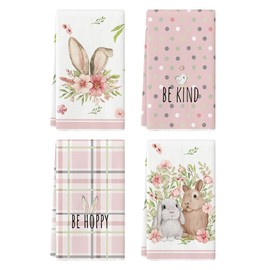 Artoid Mode Artoid Mode Pink Bunny Rabbit Ears Floral Leaves Easter Kitchen Towels Dish Towels, 18x26 Inch Be Kind Seasonal Decoration Hand Towels Set of 4