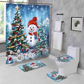 Moladika 4 Pcs Merry Christmas Shower Curtain Sets with Rugs Winter Snowman Bathroom Set Home Bath Bathtub Decor Xmas Tree Durable Curtains Mats for Bathroom 72 x 72 Inch