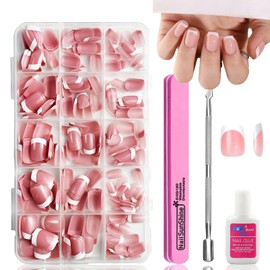 French False Nails Short - 240Pcs Square Press On Nails Kit for Women Girls - Fake Nails with White Tip, Stick on & Glue on Full Cover Nails - French Manicure Decorations