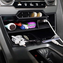 CarQiWireless® 2PCS Center Console Organizer with Hidden Storage Box for Civic 2021 2020 2019 2018-2016, Coins Cards Organizer with USB Cable for 10th Civic Hatchback Si Coupe Type R Accessories