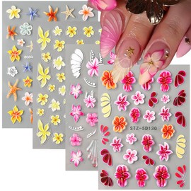 5D Embossed Flower Nail Art Stickers Colorful Floral Self-Adhesive Nails Art Stickers Hibiscus Starfish Nail Art Decals Summer Nail Supplies for Women Girls DIY Nails Decorations 4 Sheets