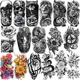 Yazhiji 77 Sheets Waterproof Temporary Tattoo for Girls or Boys Children 17 Sheets Half Arm Wolf Tiger Lion Fake Tattoos for Men or Women and 60 Sheets Small Flower Stickers