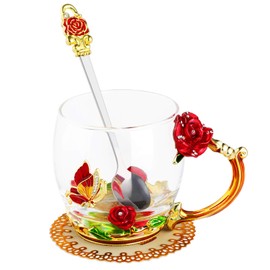 WD&CD Rose Butterfly Glass Tea Coffee Cups Mugs with Spoon and Coaster, Gifts for Her Girlfriend Wife Mum Women on Valentine's Day Mother's Day Christmas, Red Short