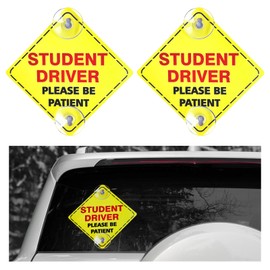NYTKL 2 PCS Student Driver Sign for Car Window, 5x5 Inch Please Be Patient Student Driver Safety Sign Decal, Removable New Driver Safety Warning Sticker with Suction Cups (Red)