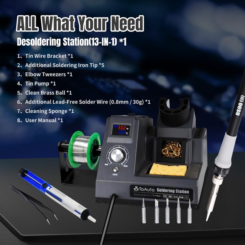 TOAUTO DS90 Soldering Station-°F & °C Dual Digital Display Soldering