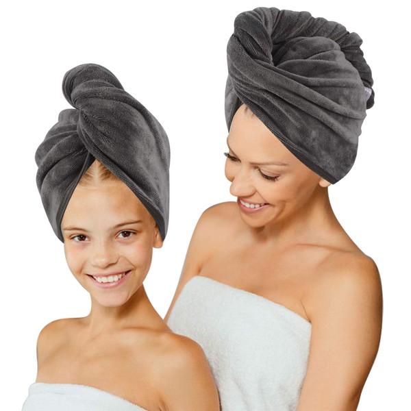KinHwa Quick Dry Hair Towel for Women Super Absorbent Hair Drying Towel for Curly, Long, Thick Hair Anti-frizz Large Size (2 Pack, Gray)