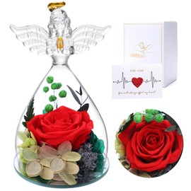 DHOEM Angel Figurines Preserved Rose Birthday Gifts for Women,Forever Flowers in Angel Glass with Unique Box, Valentine Mother's Day Anniversary for Mom Grandma Wife Her(Red)