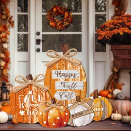 5 Pcs Fall Decorations for Home Fall Large Outdoor Wood Pumpkin Porch Sign Thanksgiving Yard Decor Welcome Pumpkin Standing Sign for Home Front Door Kitchen Yard Garden