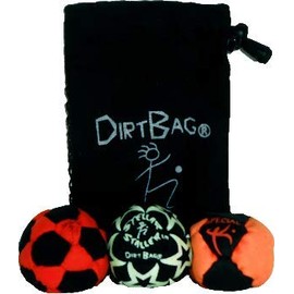 DIRTBAG Medley Footbag 3-Pack with Pouch, 100% Handmade, Premium Quality, Bright Vivid Colors, Signature Carry Bag - Red/Blue/Yellow/Black
