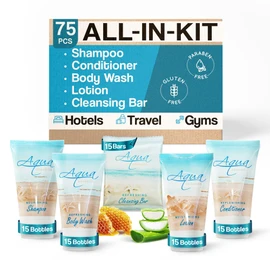 Aqua Organics Hotel Soaps & Toiletries Bulk Set | 1-Shoppe Amenities Kit | 1oz Shampoo & Conditioner, Body Wash, Lotion, 1oz Bar Soap | Travel Size | 75 Pieces