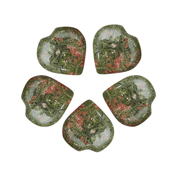 Crocon 5 Pcs Unakite Gemstone Mini Heart Shape Hand Carved Puff Stones Set Pocket Crystal Healing Tumble Collection Palm Worry Stone Good Luck Gift Craft Home Decor Size: 20-25 mm