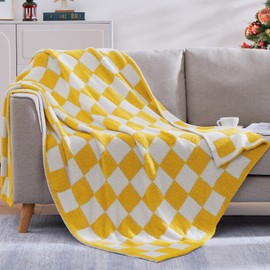 WRENSONGE Checkered Throw Blanket, Yellow Microfiber Soft Cozy Fluffy Warm Hand Made Throw Blankets for Couch, Sofa, Chair, Bed, Camping, Picnic, Travel Lightweight Bed Blanket - 50"*70"