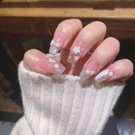 NLSJMP,10Pcs,Size M,3D Handmade Press on Nails Medium Length Acrylic Fake Nails Kit,Glitter Flower Design Nail Art Kit,Include Toolkit,Reusable False nails,WHITE