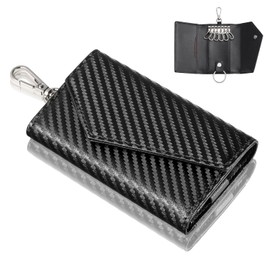 INMURYIA Men's Carbon Fiber Leather Key Case, 6 Hooks, Household Keys, Bicycle Key, Office Ski, Storage Pocket, Cash Card IC Card, Multifunctional, Abrasion Resistant, Scratch Resistant, Waterproof