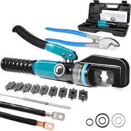 Brileine 10 Tons Hydraulic Crimping Tool, Hydraulic Crimper for 12 AWG to 2/0 AWG Battery Cable,1/16" 1/8" 3/16" Stainless Steel Cable, Battery Cable Crimper Tool with Cable Cutter & 9 Dies