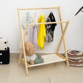 Kids Clothing Rack,Kids Dress Up Rack with Bottom Storage Shelf & Double Hanging Rods,Small and Foldable,Kids Clothes Rack for Nursery Child's Room, Wood (H054-Natural)