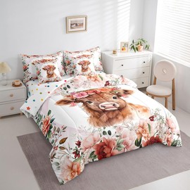 Feelyou Cute Highland Cow Bedding Set Queen Size 7 Pieces Cartoon Animal Comforter Set Flower Floral Print Farm Zoo Garden Theme Bed in a Bag with Comforter, Sheets, Pillowcases & Cushion Cover