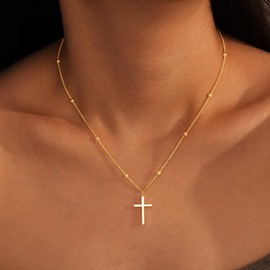 Poxtex Gold Cross Necklace for Women Satellite Beads Chain Necklace Small Cross Pendant Beaded Necklaces for Women Gold Necklace Jewelry