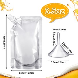 Meanplan 100 Pcs Plastic Flasks Pouches Bulk Reusable Plastic Pouches Leak Proof Juice Pouches Bags with Funnel for Travel Adults Women Men(Inclined Mouth, 3.5 oz)